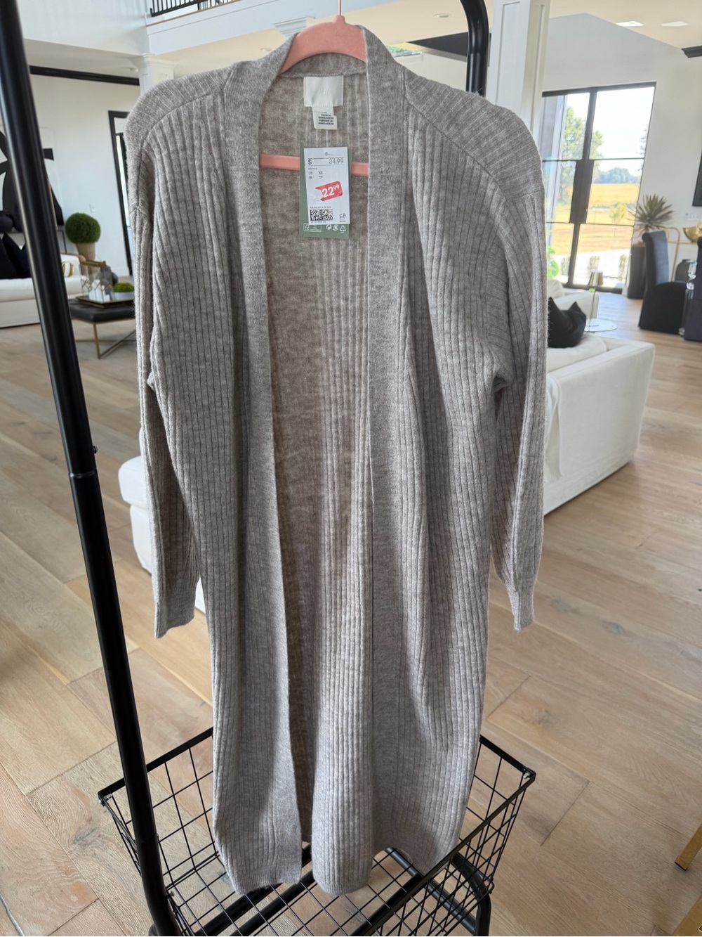 H&M Long Ribbed Open-Front Cardigan - Light Gray